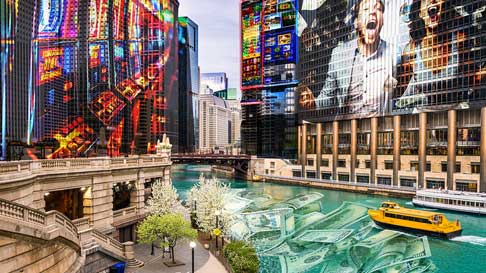 View of Chicago River with Overlaid Slot Machine Imagery