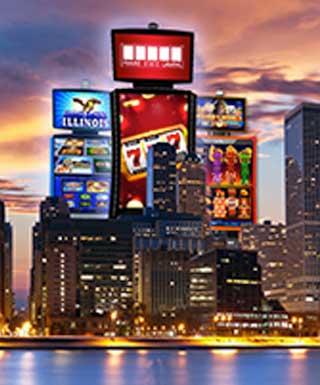 Chicago skyline with overlaid slot machines