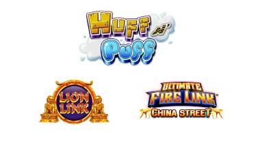huff n puff, Lion link, and ultimate fire link China Street logos