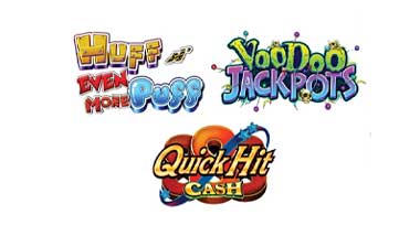 huff n puff even more puff, voodoo, jackpots, and quick hit, cash logos