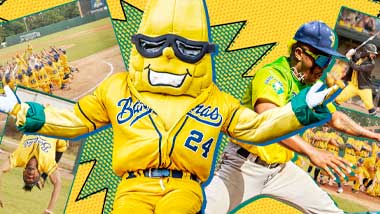 Picture of man in baseball themed banana costume 